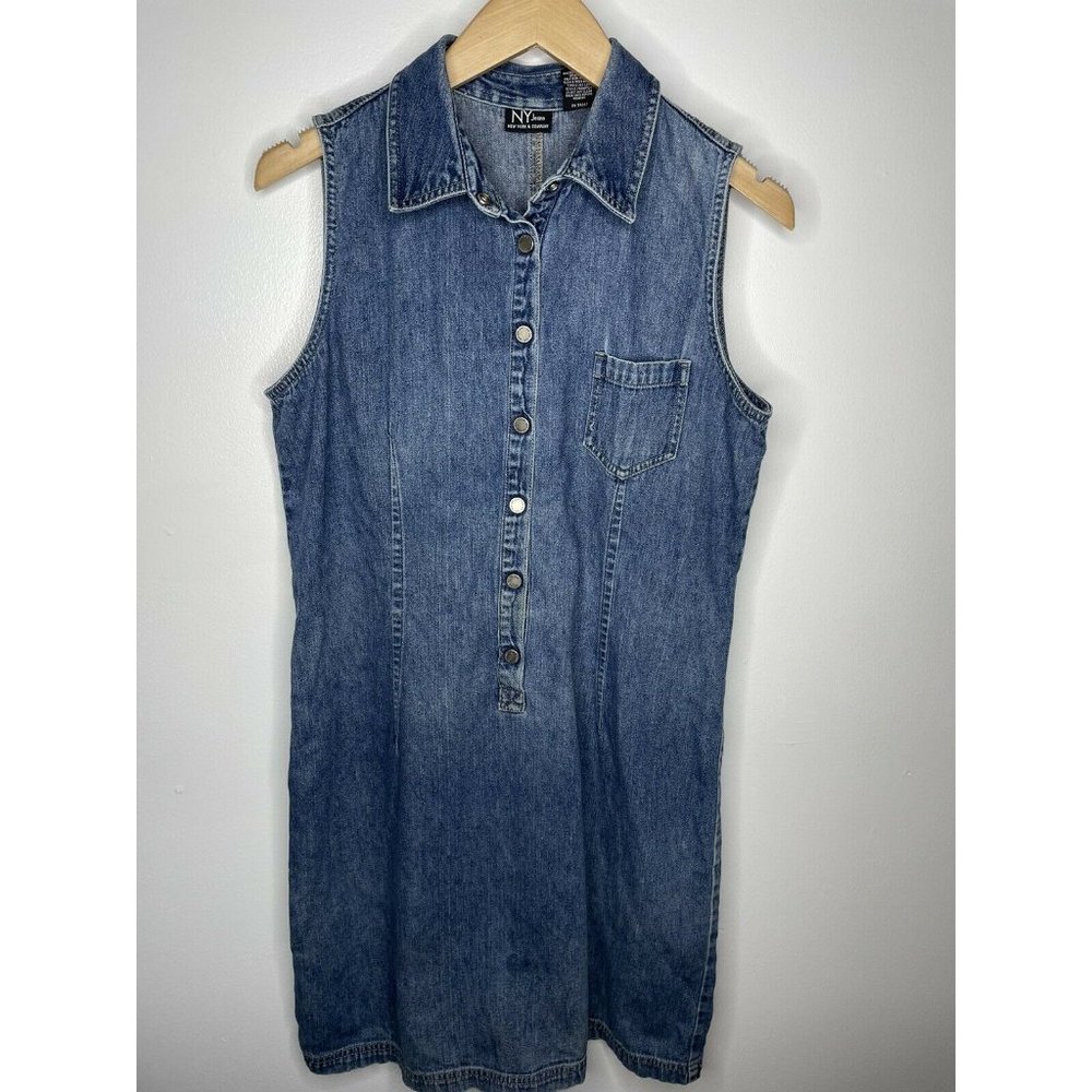 Vintage New York & Company Collared Sleeveless Denim Button-Down Dress Size 12